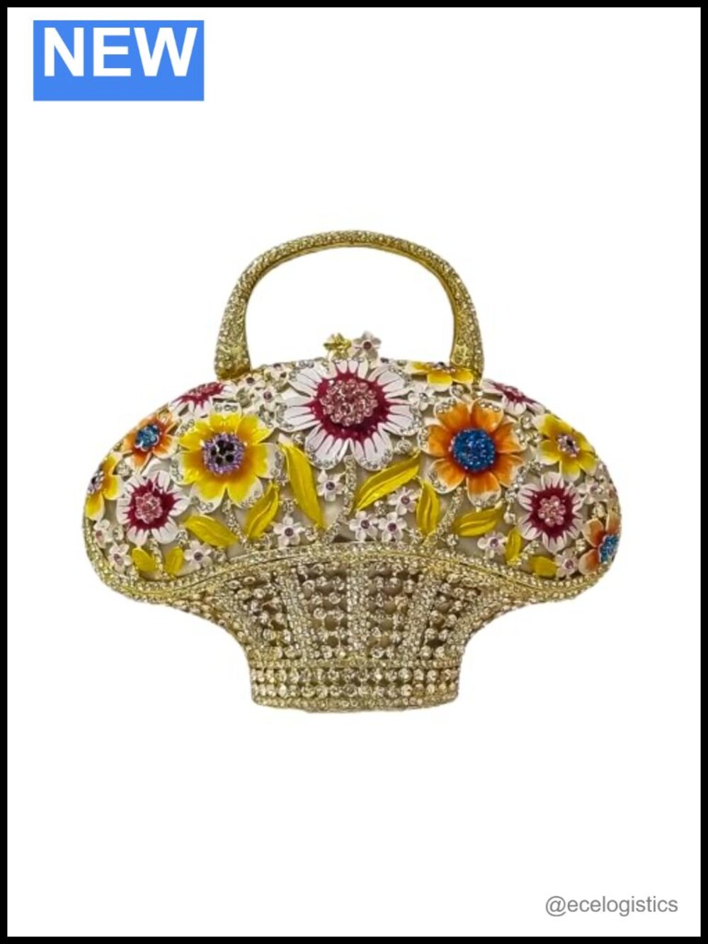 Vintage Flower Crystal Clutch Sunflower Basket Rhinestone Evening Bag Metal